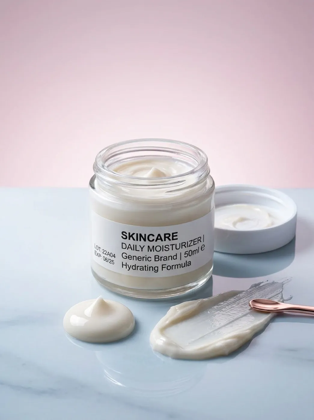 Макросъёмка стеклянной баночки крема с текстурой продукта рядом