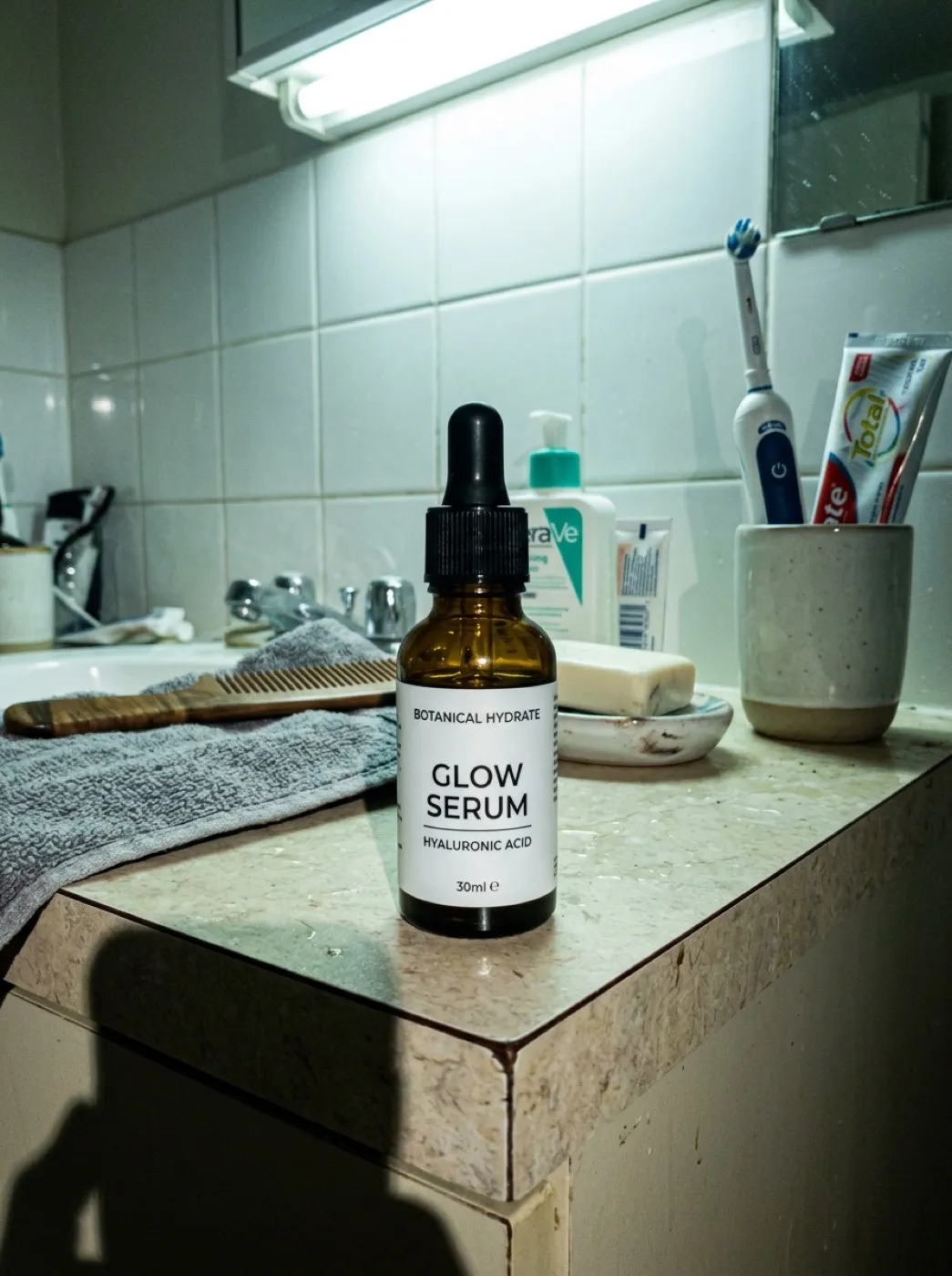 Флакон сыворотки для кожи, снятый на телефон на полке в ванной