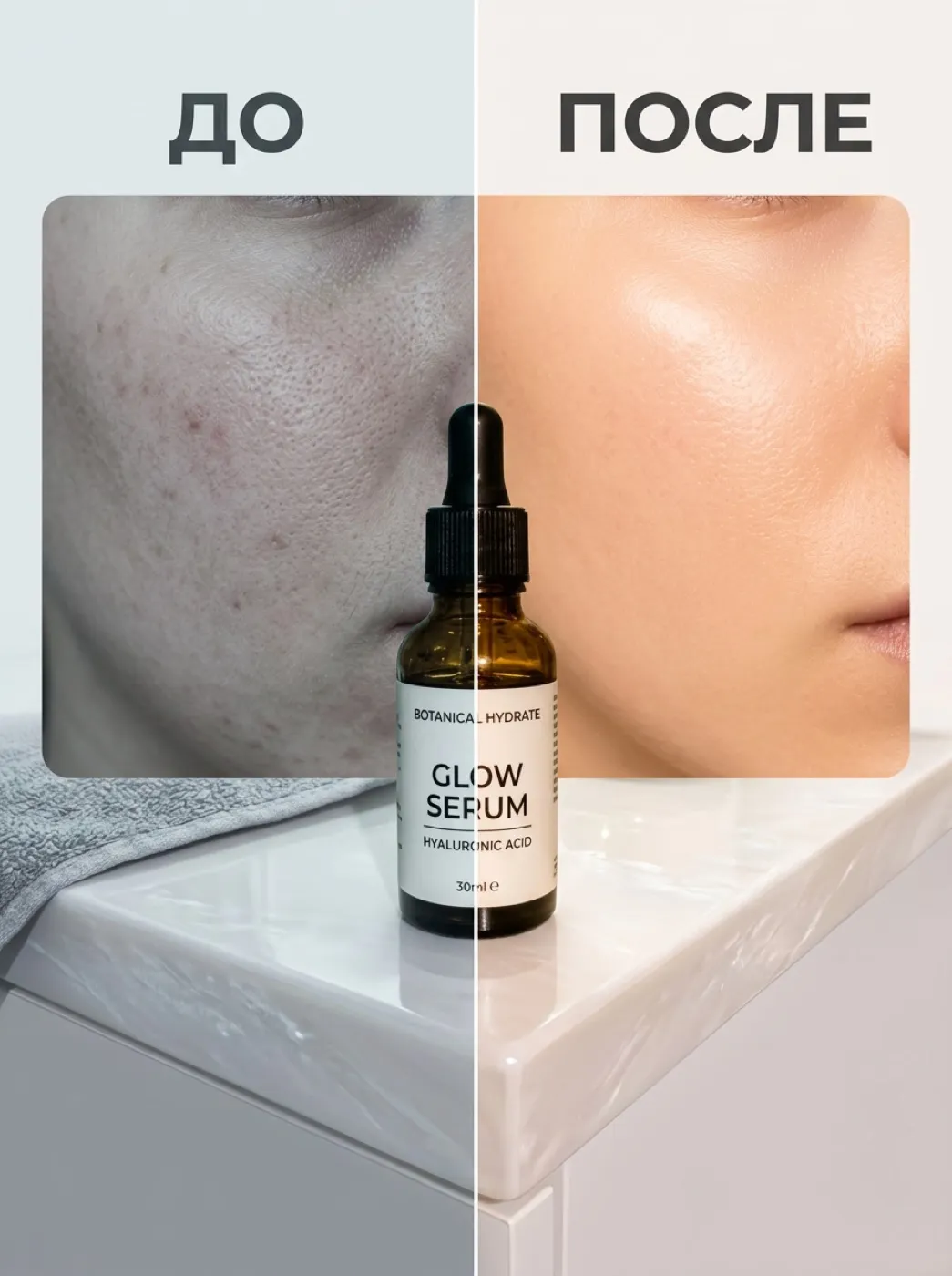 Маркетплейс-карточка «До / После» с флаконом сыворотки и результатом на коже