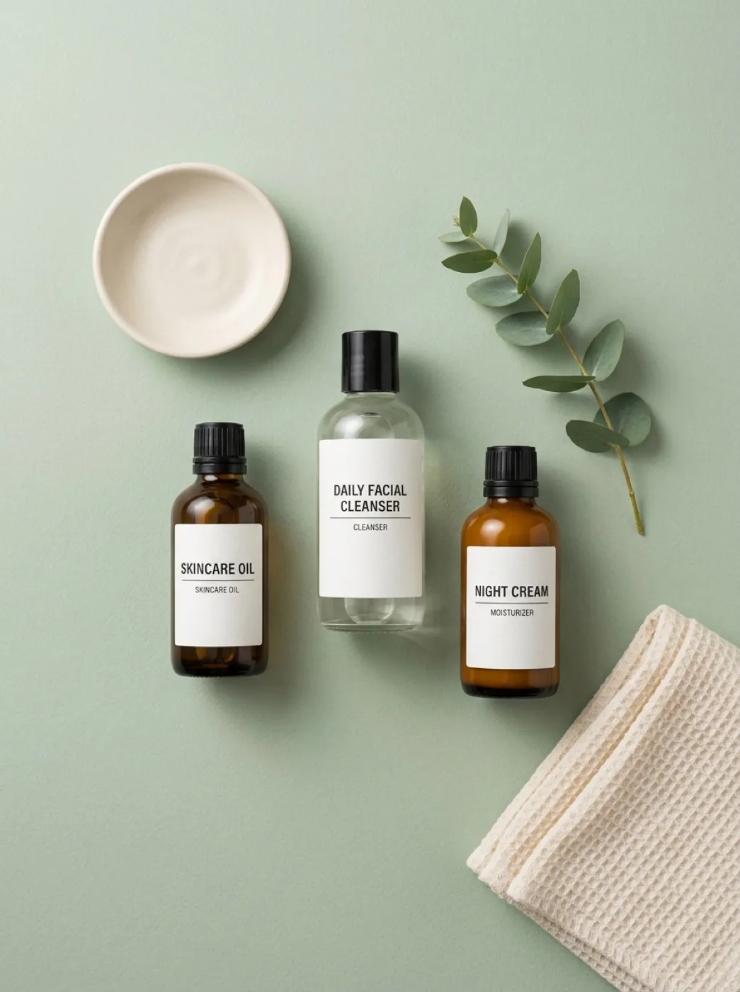 Flatlay-композиция из трёх минималистичных флаконов ухода на пастельной бумажной поверхности