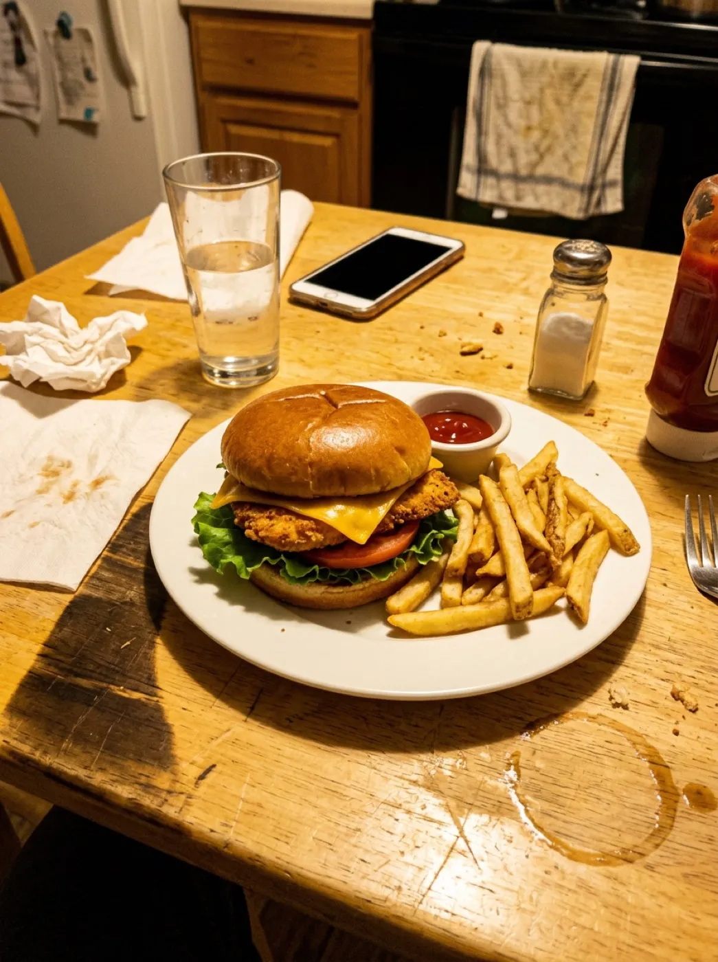 Бургер с картофелем фри, снятый на телефон на домашнем столе