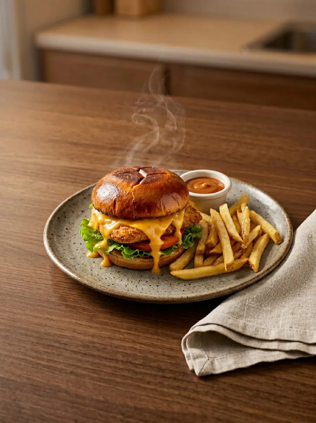 Бургер с картофелем фри на керамической тарелке, профессиональная фуд-съёмка