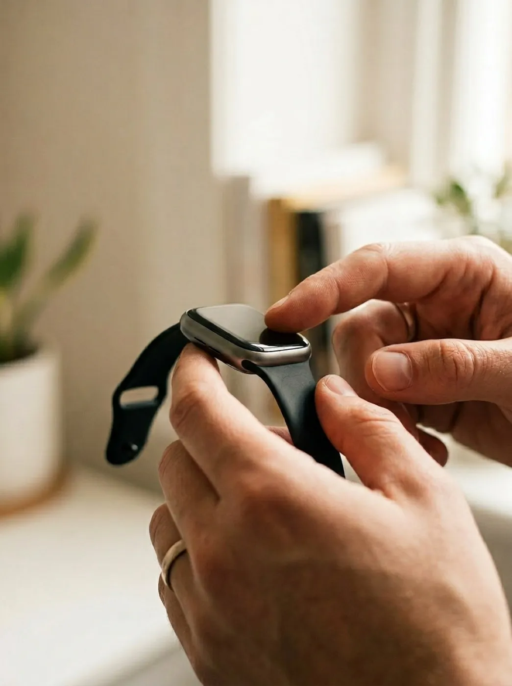 Минималистичные смарт-часы в руках пользователя, лайфстайл-съёмка