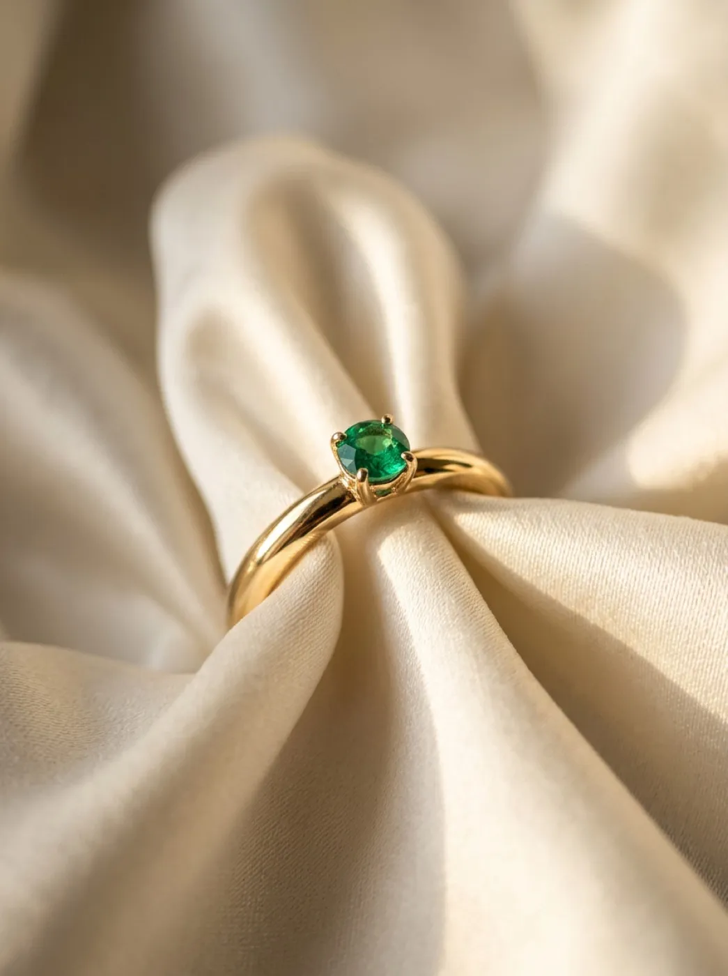 Макросъёмка тонкого золотого кольца с изумрудом на шёлковой ткани цвета слоновой кости