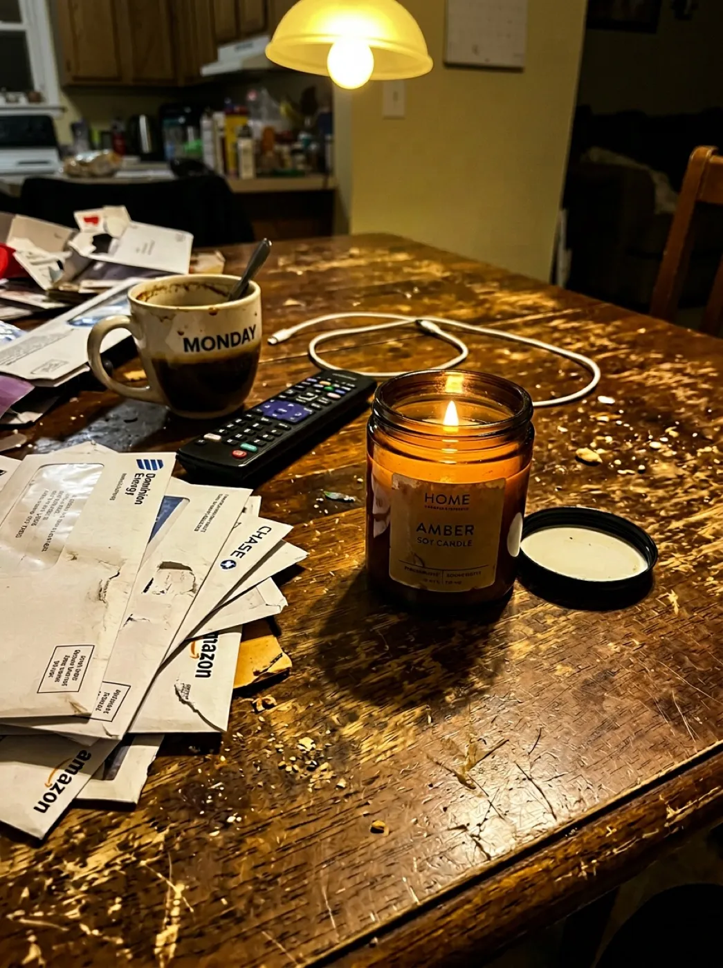 Ароматическая свеча в янтарном стекле, снятая на телефон на обеденном столе