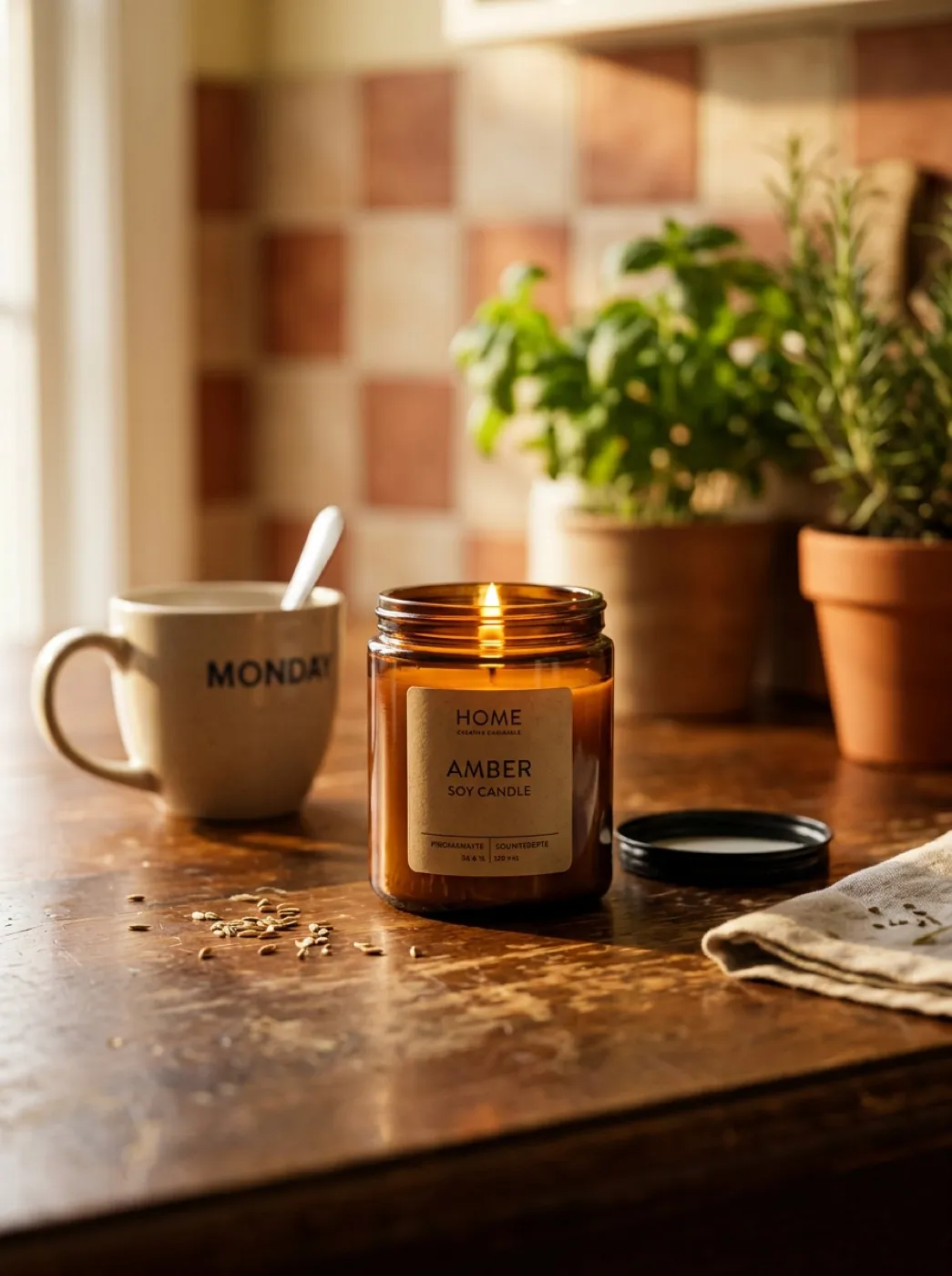 Ароматическая свеча в янтарном стекле на деревянном столе в уютной кухне