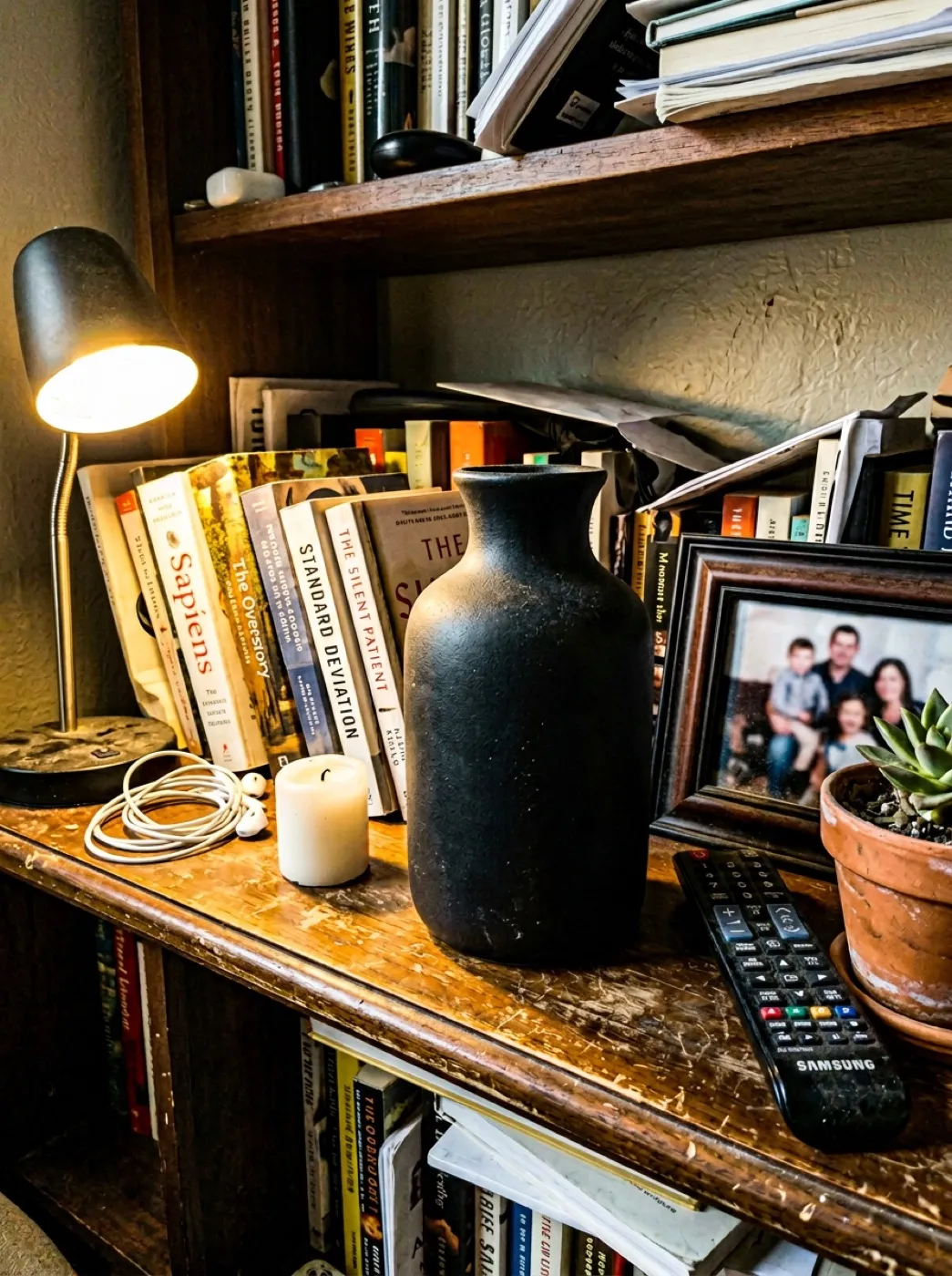 Матовая чёрная керамическая ваза, снятая на телефон на книжной полке