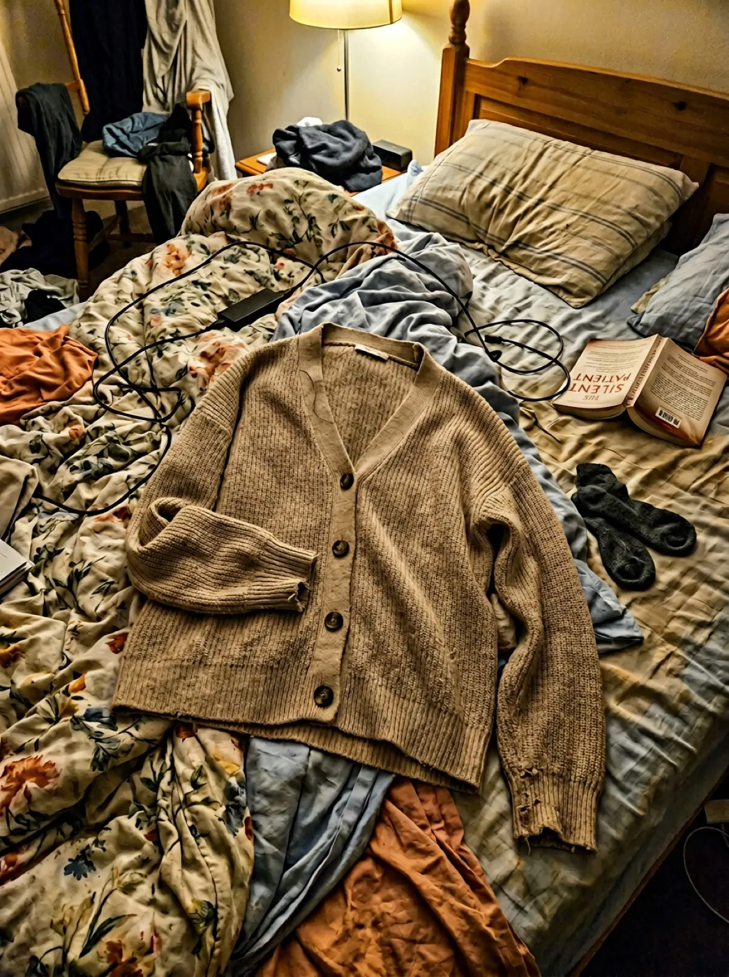 Бежевый оверсайз-кардиган, снятый на телефон на неразобранной кровати