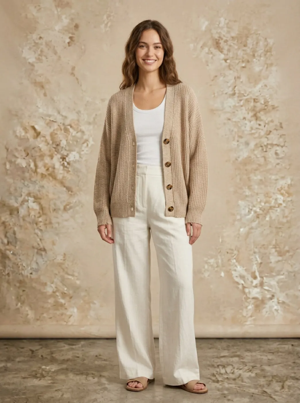 Модель в бежевом оверсайз-кардигане в полный рост на нейтральном студийном фоне