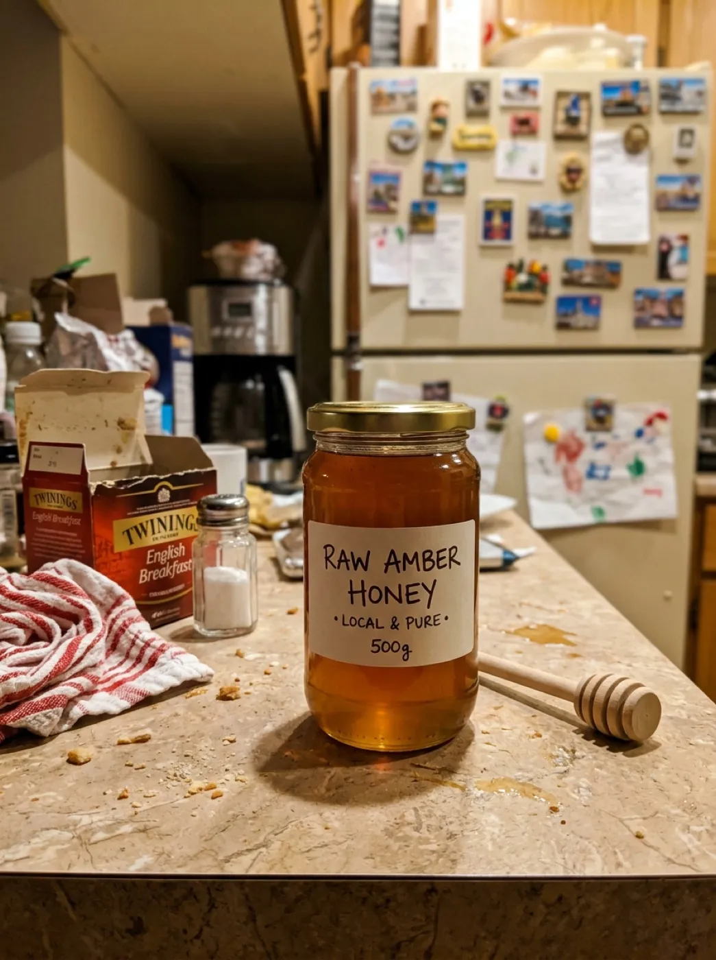 Банка мёда, снятая на телефон на кухонной столешнице