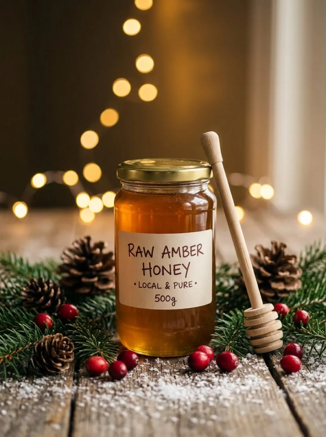 Банка янтарного мёда с деревянной ложкой в зимнем праздничном оформлении с еловыми ветками
