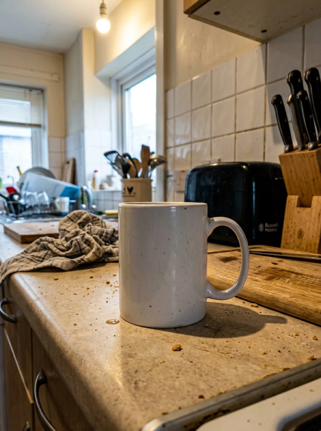 Белая керамическая кружка, снятая на телефон на кухонной столешнице